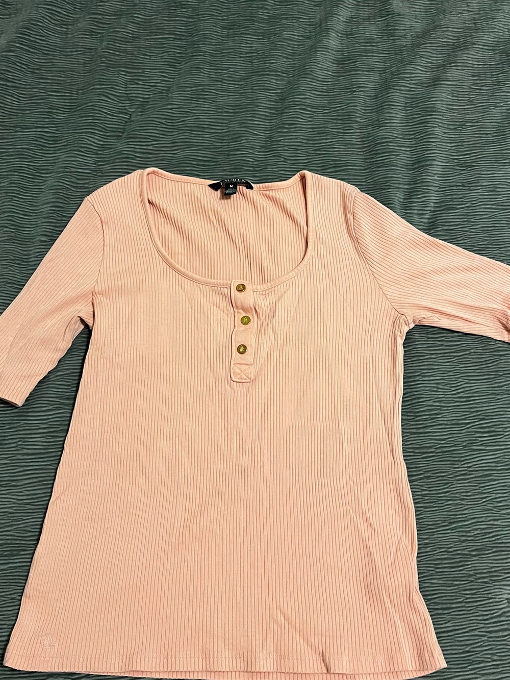 Ralph Lauren Ribbed Scoop-Neck Henley Tee in Pale Pink